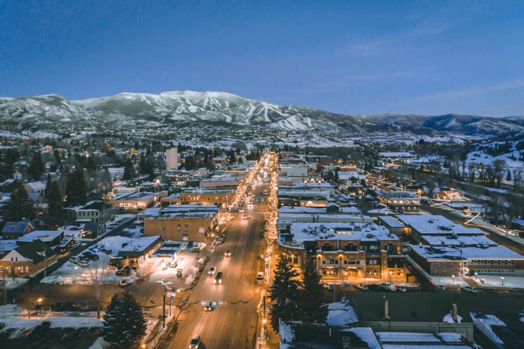 Downtown Steamboat Springs, Colorado at night with Howelsen ski area visible