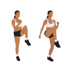Woman doing High knees. front knee lifts. run.jog on the spot exercise. Flat vector illustration isolated on white background