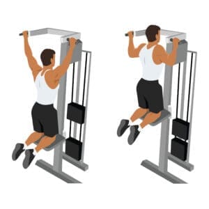 Man doing pull ups exercise. Machine or assisted pull up. Flat vector illustration isolated on white background