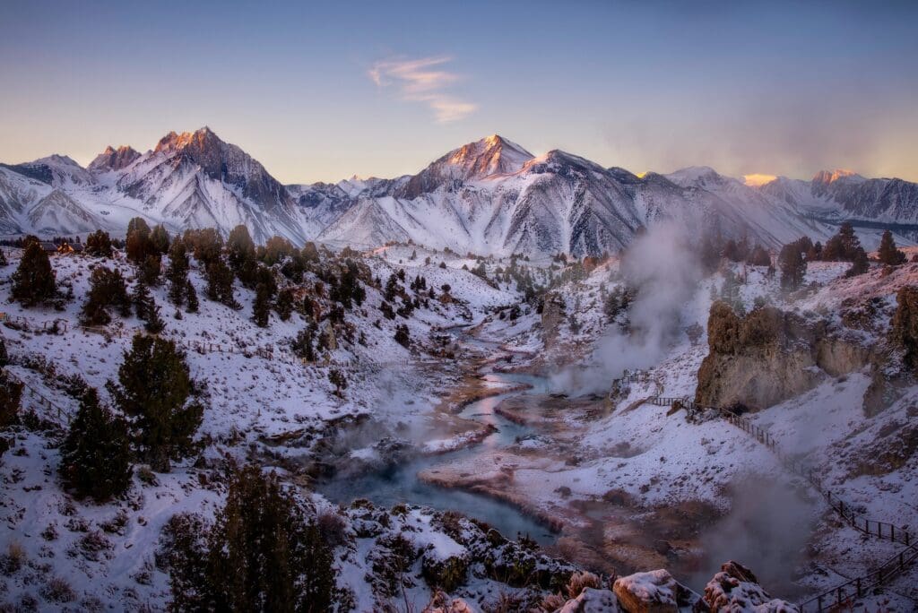Beautiful Sunrise with Snow in Hot Creek Panorama, Mammoth Lakes.